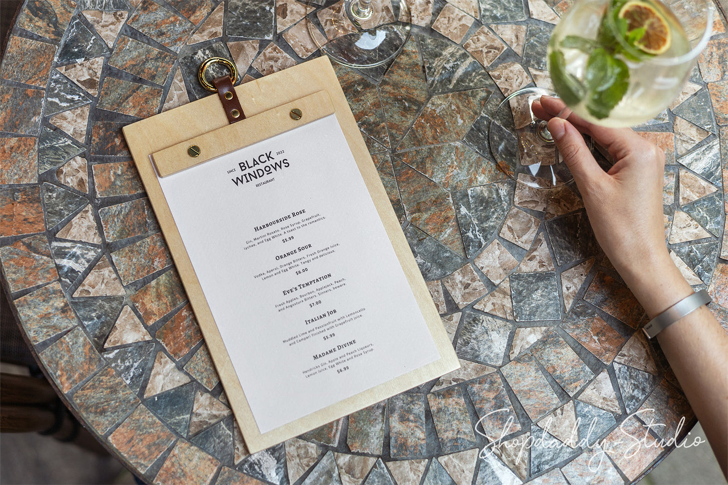 Wooden Menu Board with Metal Ring and leather loop