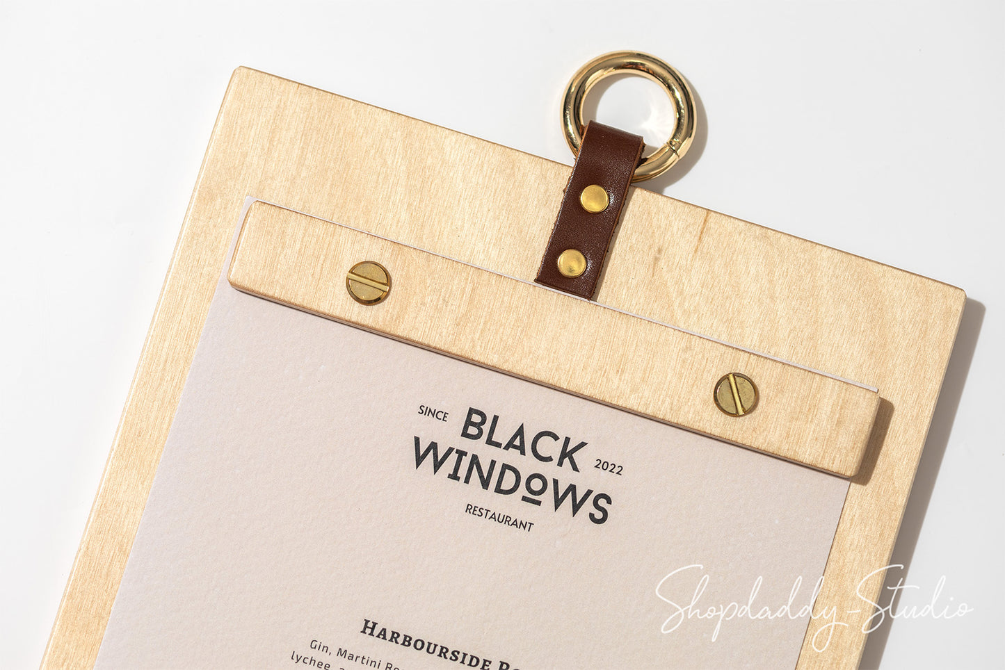 Wooden Menu Board with Metal Ring in details