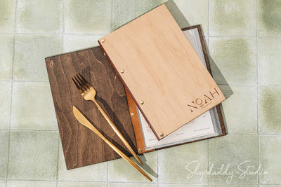 Wooden Menu Holder With Plastic Sleeves