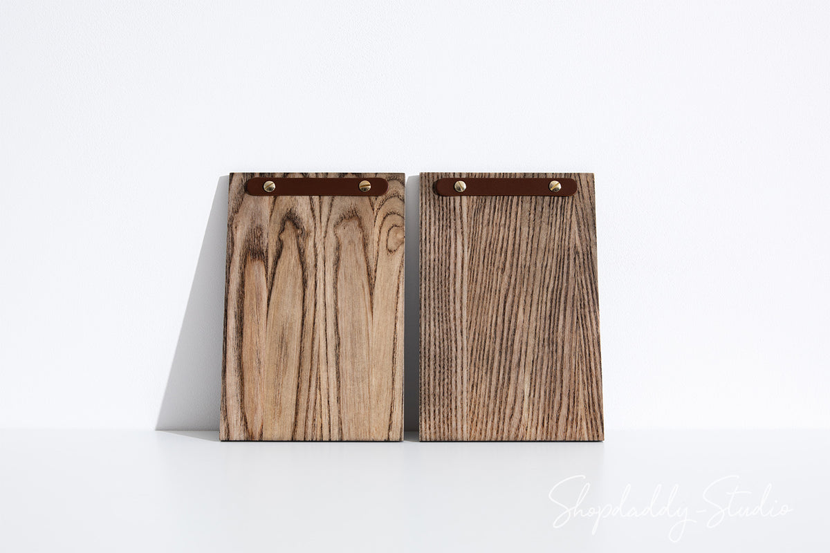 Walnut Wooden Menu Holder With Rounded Leather Plank