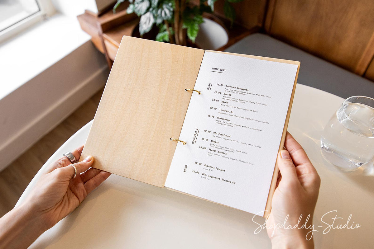 Elegant Matt Lacquer Plywood Menu Book with Golden Rings