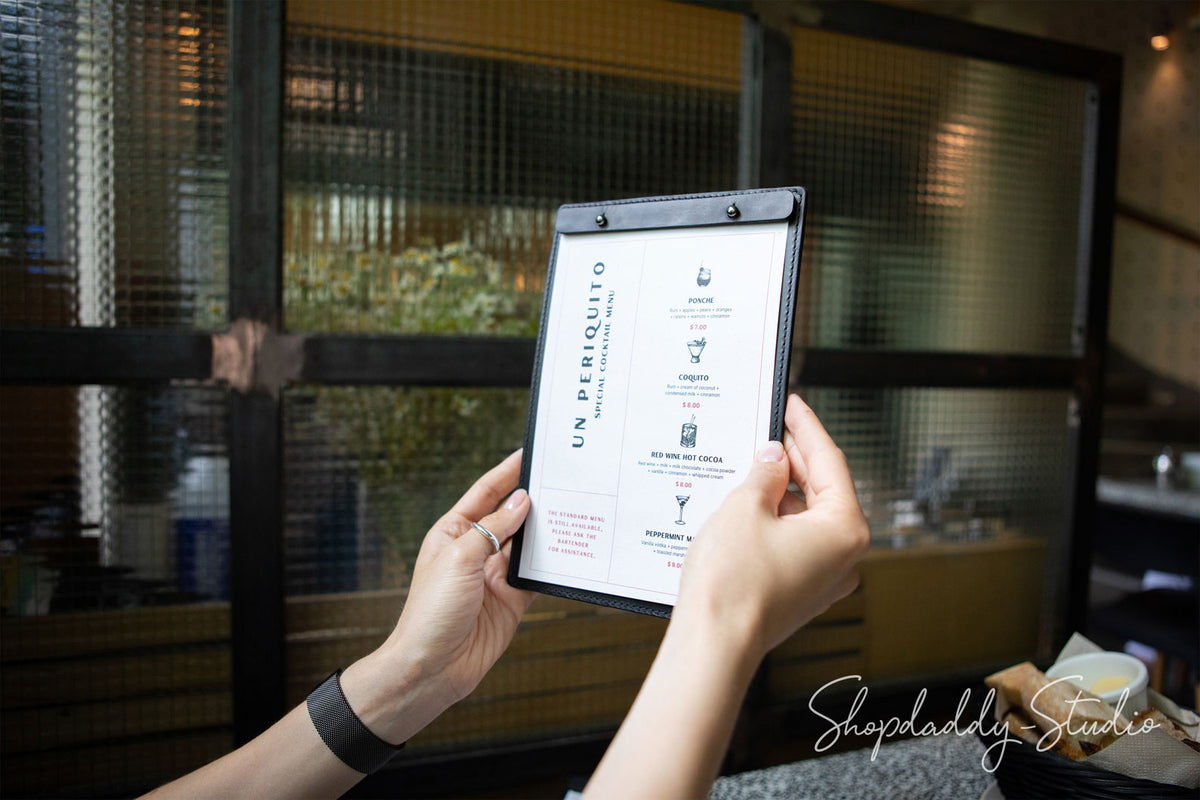 compact leather Menu cover with caburn plank