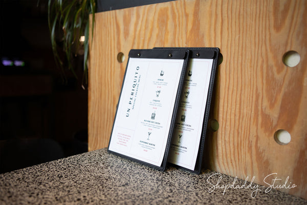 compact leather Menu cover with caburn plank with logo