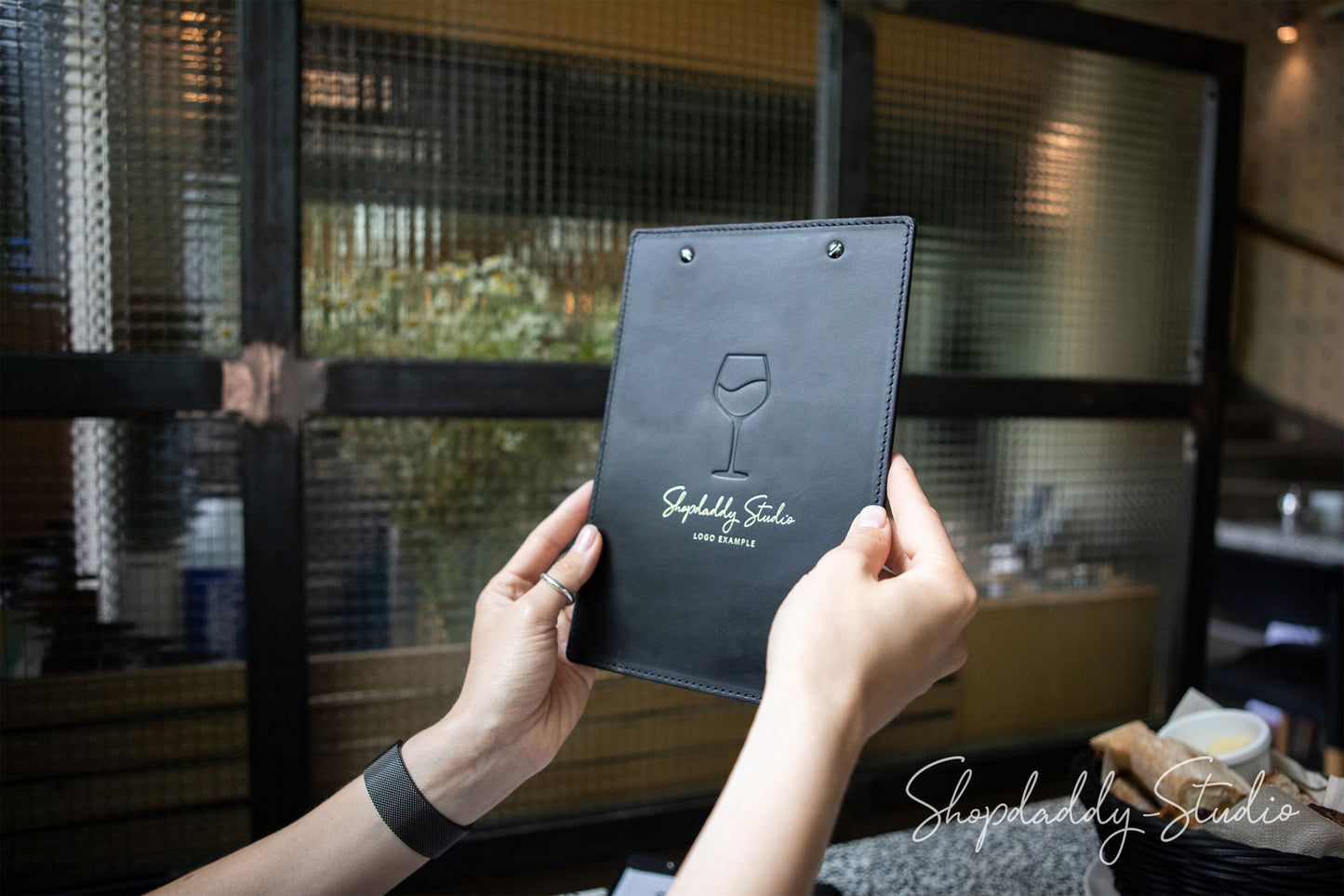 compact leather Menu cover with logo
