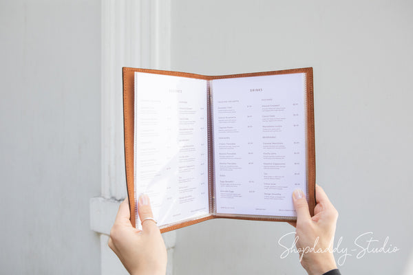 Brown Leather Menu Book with Plastic Sleeves with logo