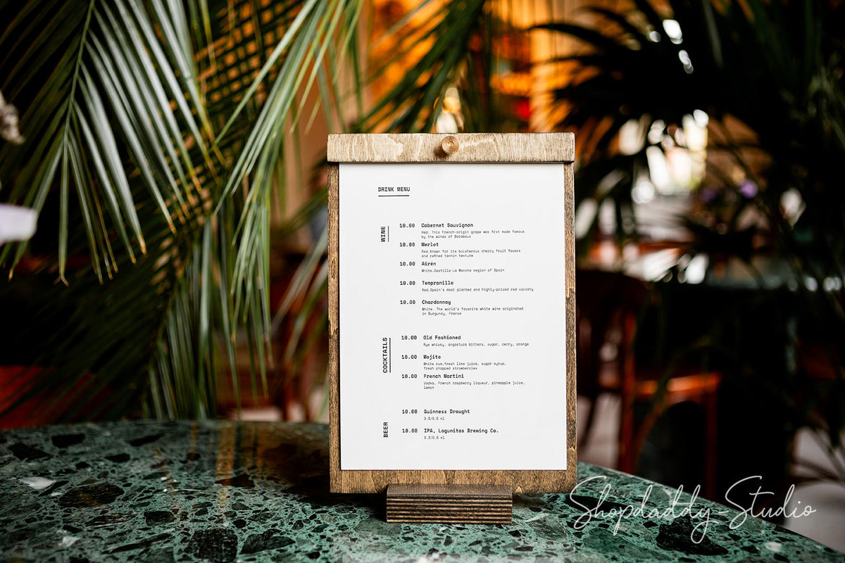 custom wood table menu for restaurant with logo
