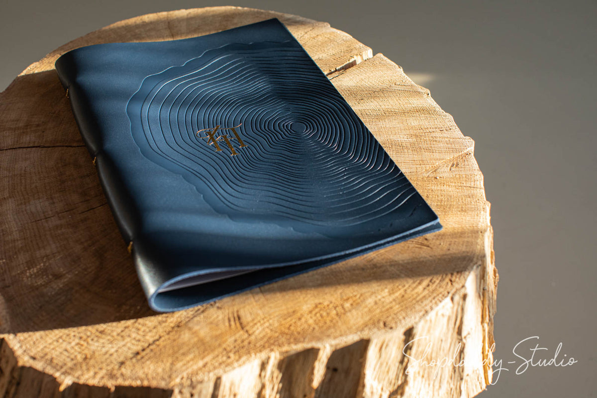 Dark Blue Thick Leather Menu Book with Golden Rings