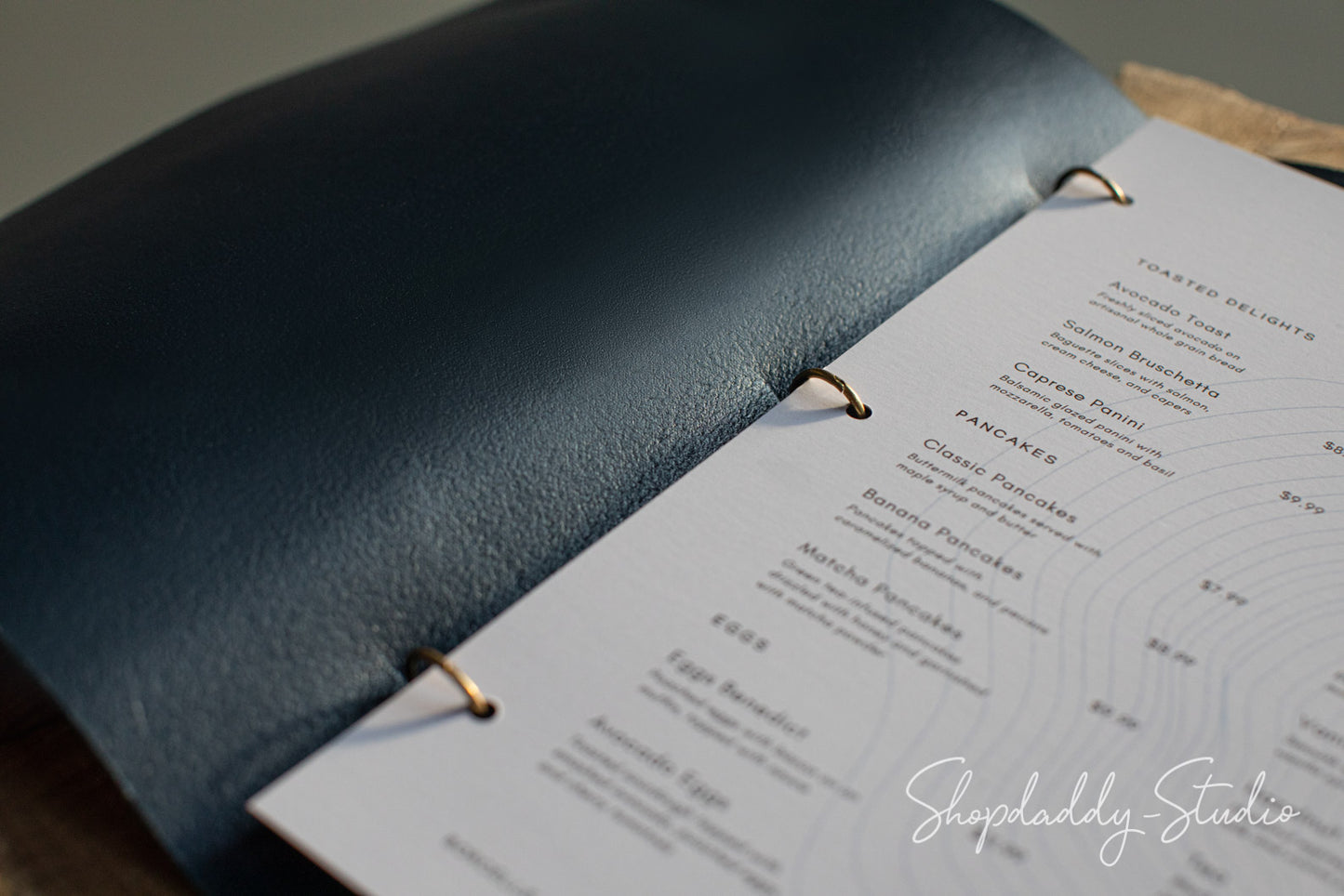 Dark Blue Thick Leather Menu Booklet with Golden Rings