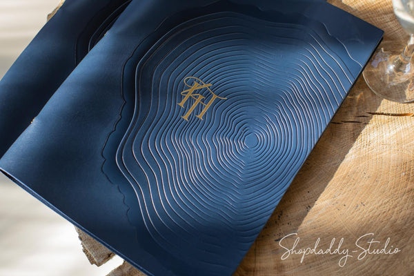 Dark Blue Thick Leather Menu Holder with Golden Rings