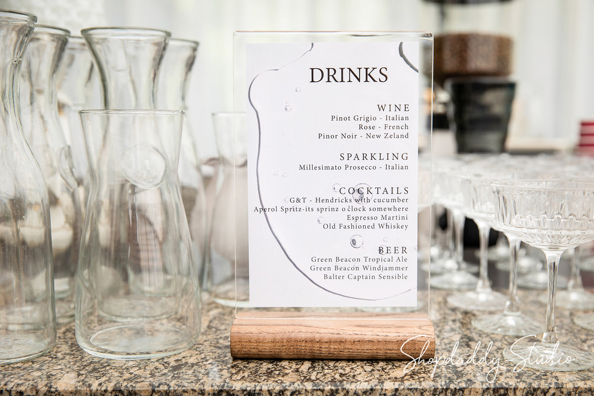 Acrylic Table Tent with Walnut Wooden Rounded Stand for wine list