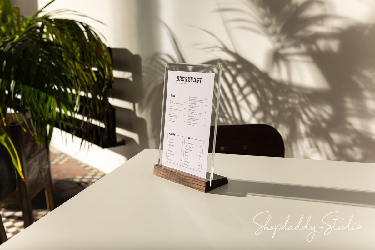 Acrylic Table Tent with Walnut Wooden Inclined Stand for restaurant