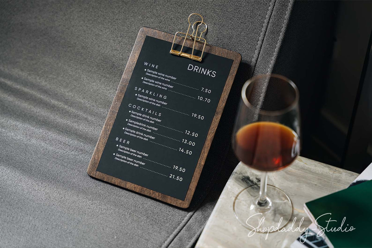 elegant Walnut Menu Board With Golden Binder 