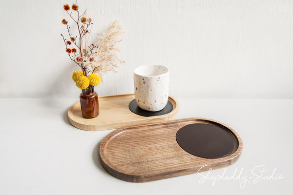 minimalist Walnut Wooden Tray with Leather Coaster