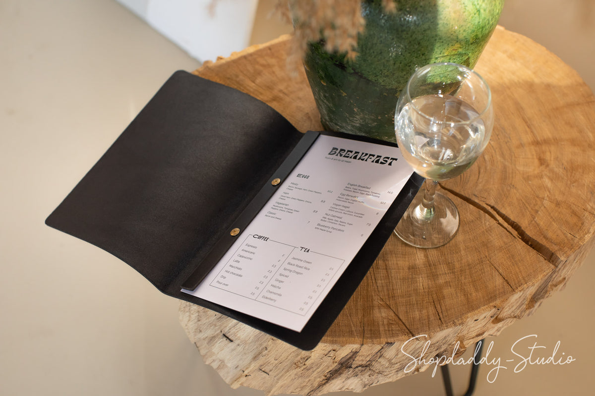 Black Leather Menu Cover with Plank