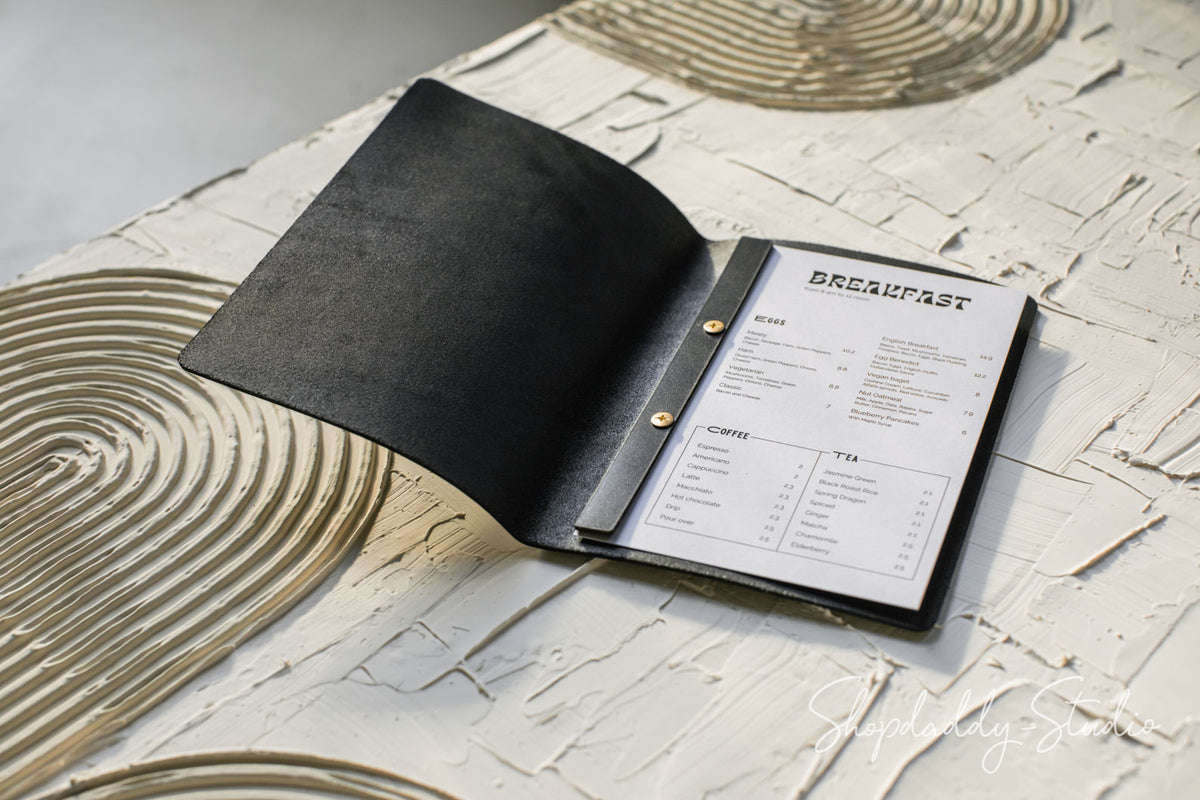 Black Thick Leather Menu Cover with Plank for restaurant