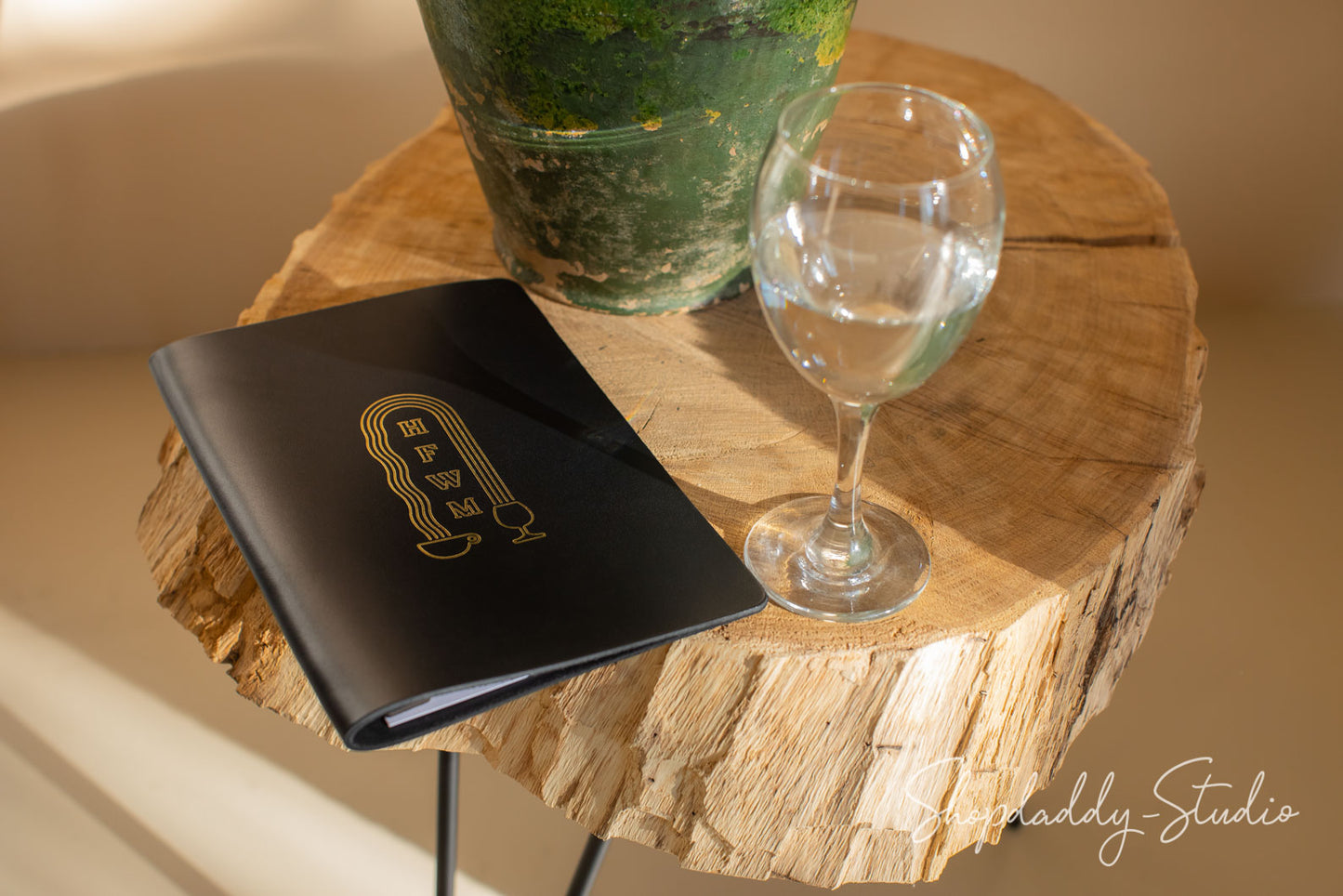 Black Thick Leather Menu Book with Plank