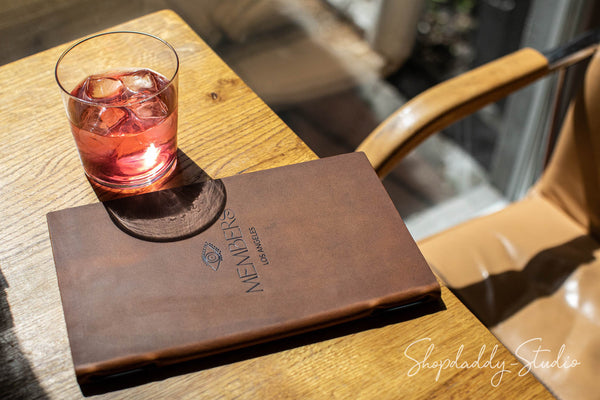 Rusty Double Leather Menu Cover with Elastic Band for wine list