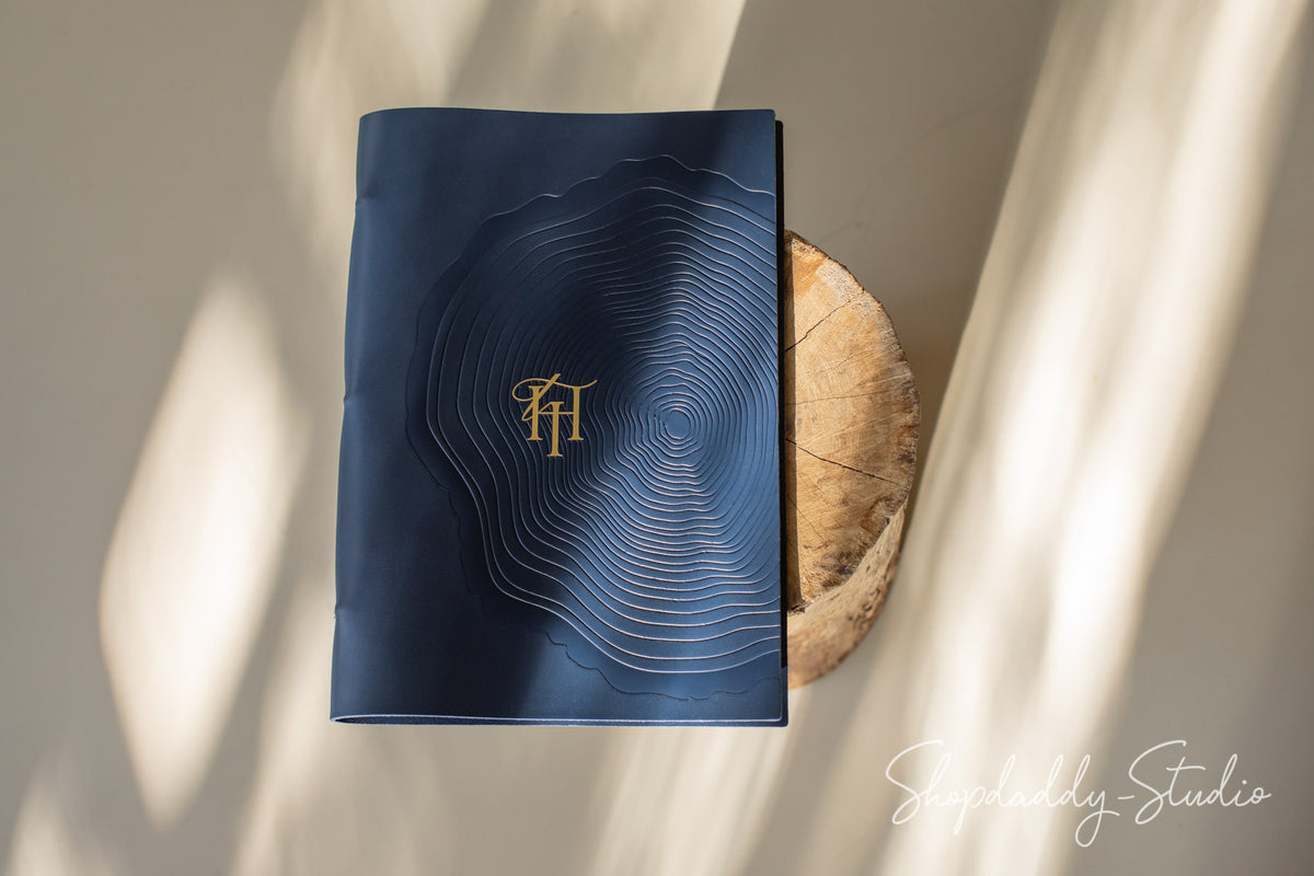 Dark Blue Thick Leather Menu Cover with Golden Rings