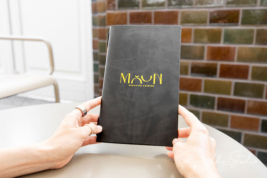 Recycled leather menu cover with custom logo engraving