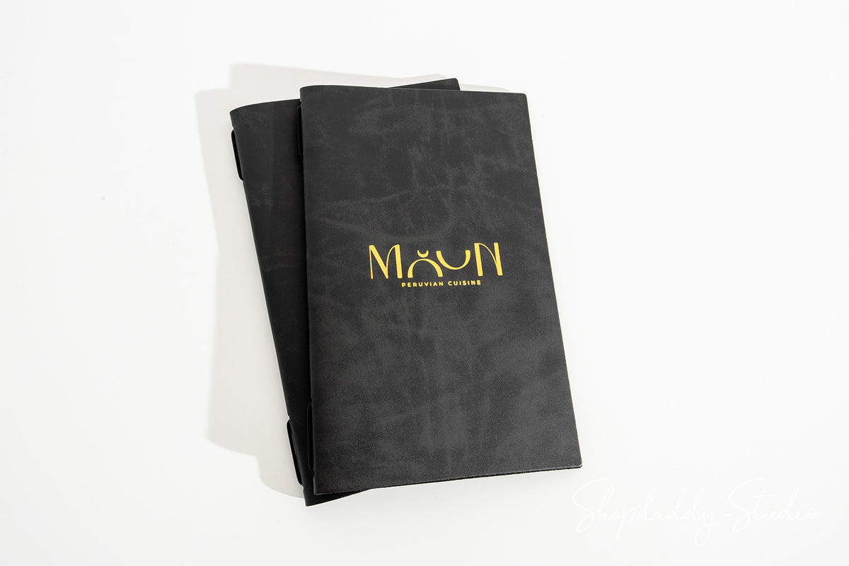 Recycled leather menu cover for upscale cafe branding