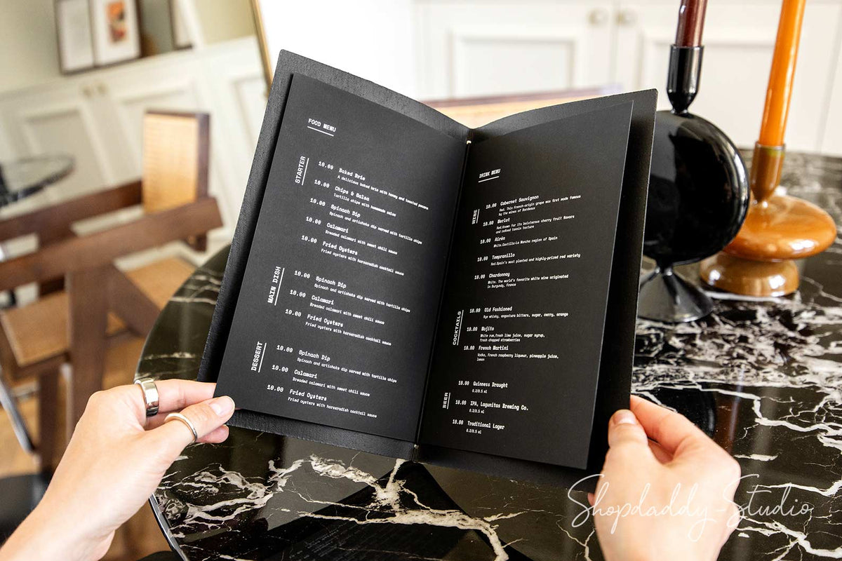 Black bonded leather menu holder for restaurant table setting
