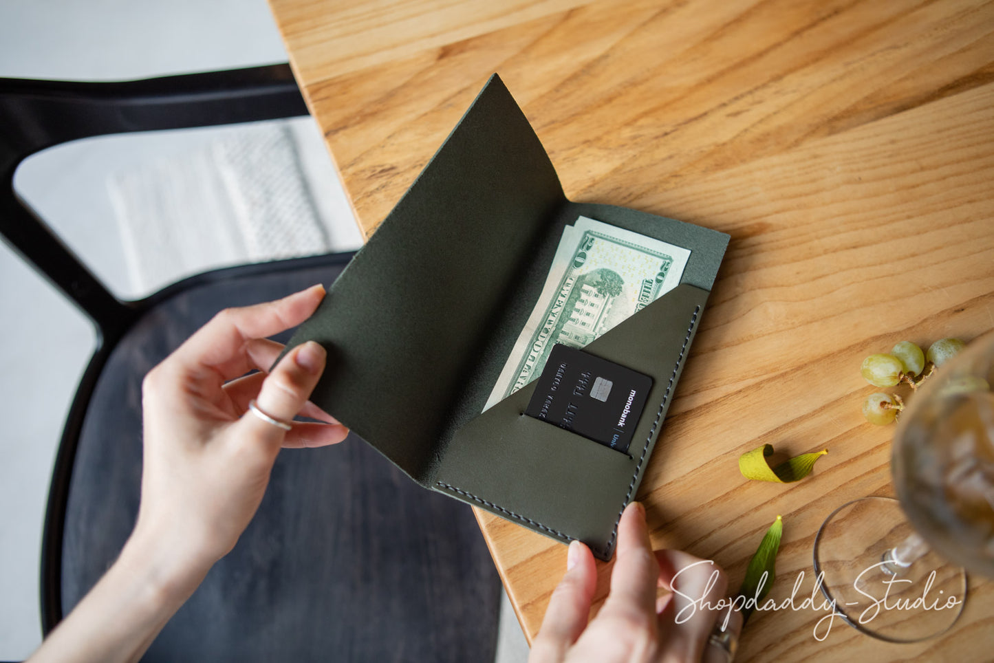 Green Italian Leather Check Holder for restaurant