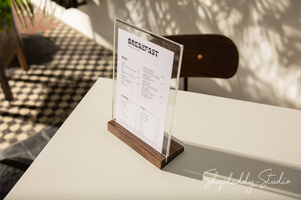 Acrylic Table Tent with Walnut Wooden Inclined Stand for bar