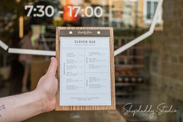 Walnut Wooden Menu Holder With Leather Plank