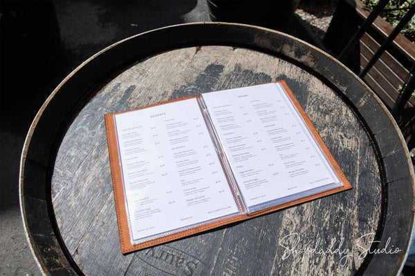 Brown Leather Menu Cover with Plastic Sleeves for pub