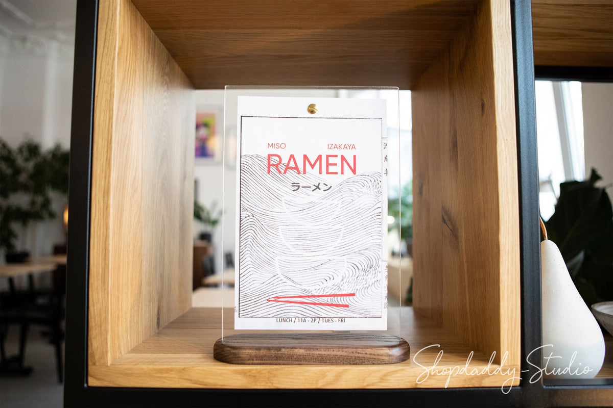 Walnut Wooden/Acrylic Table Top Menu Stand