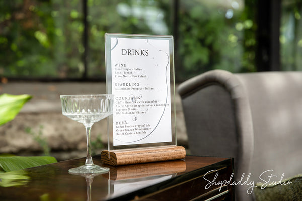 Acrylic Table Tent with Walnut Wooden Rounded Stand for bar