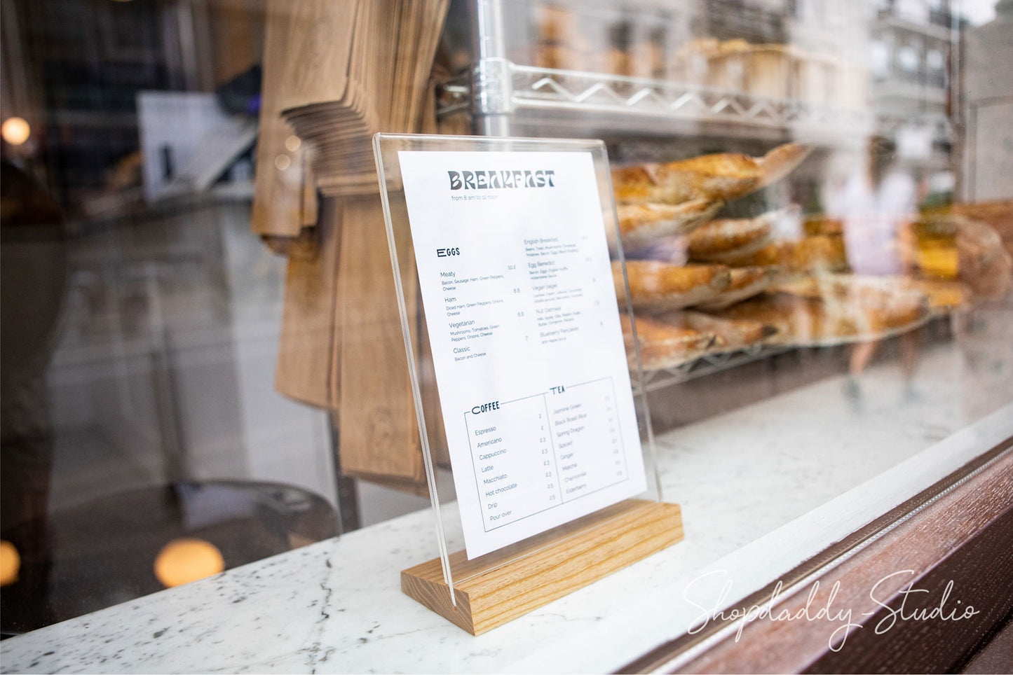 Restaurant Acrylic Table Tent with Matt Lacquer Wooden Inclined Base with your logo