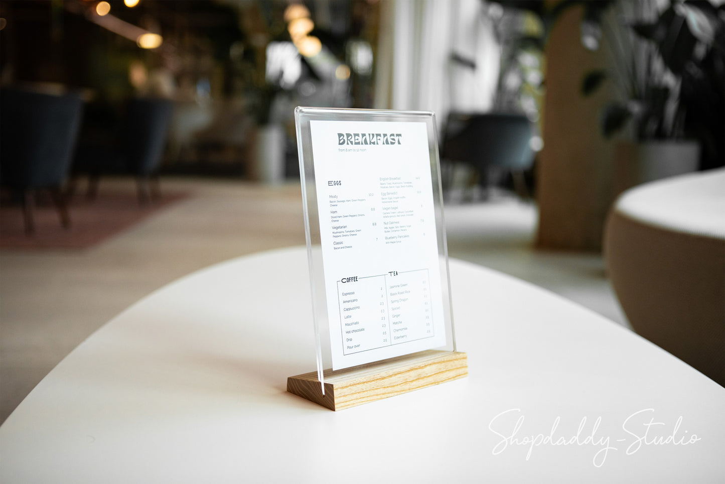 Acrylic Table Tent with Matt Lacquer Wooden Inclined Base