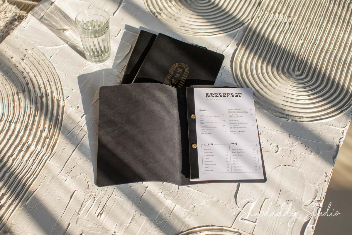 Black Thick Leather Menu Cover with Plank