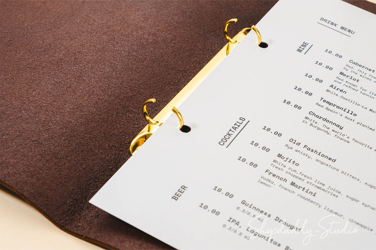 personalied leather menu holder with ring mechanism for drink menu
