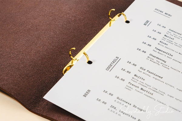 personalied leather menu holder with ring mechanism for drink menu