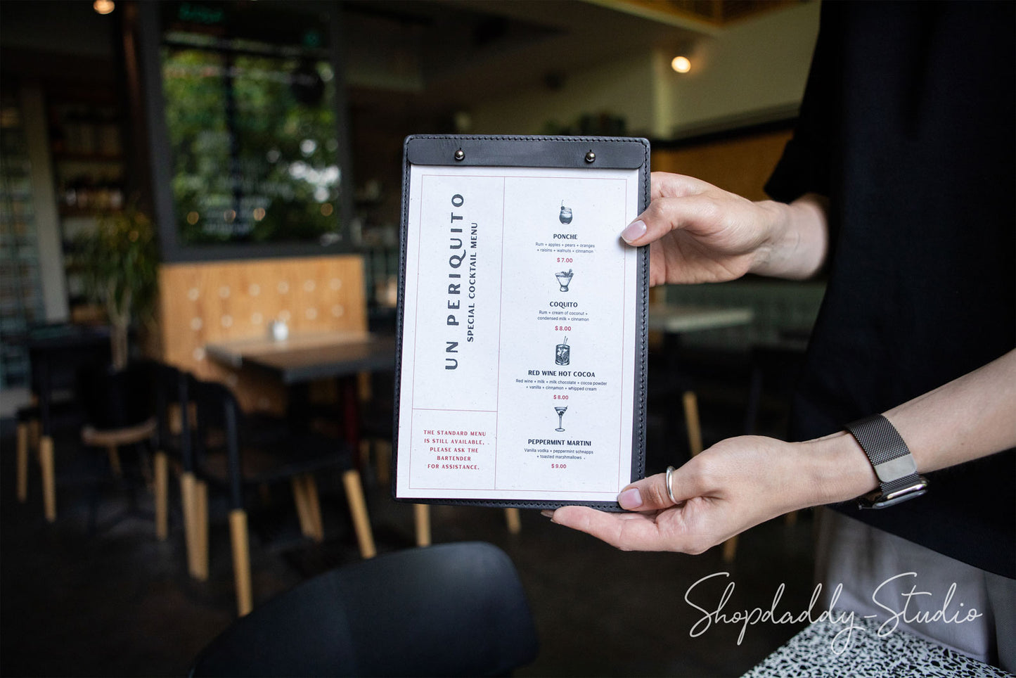 personalized leather Menu cover with caburn plank with logo