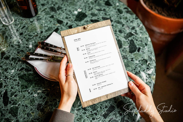 personalized wood tabletop menu for restaurant with logo