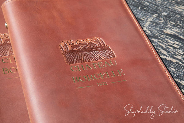 Restaurant Brown Leather Menu Cover with Plastic Sleeves with logo