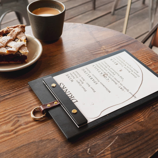Black Wooden Menu Holder with Metal Ring