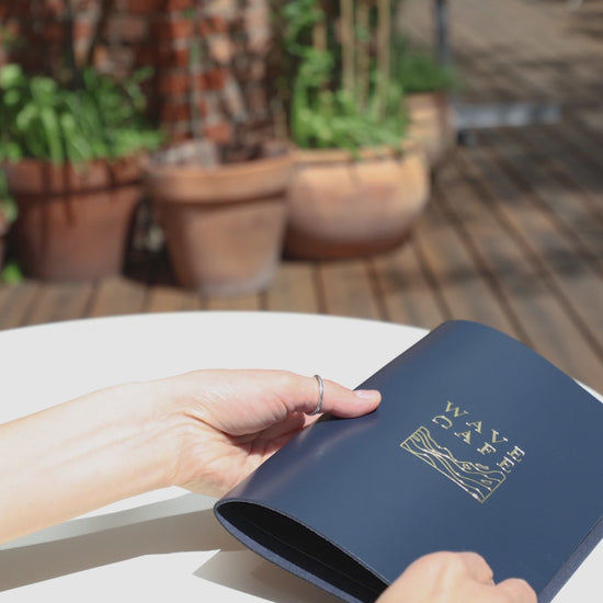 Dark Blue Thick Leather Menu Cover with Brass Plank