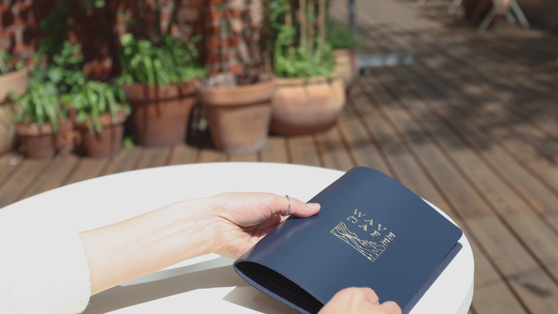 Dark Blue Thick Leather Menu Cover with Brass Plank