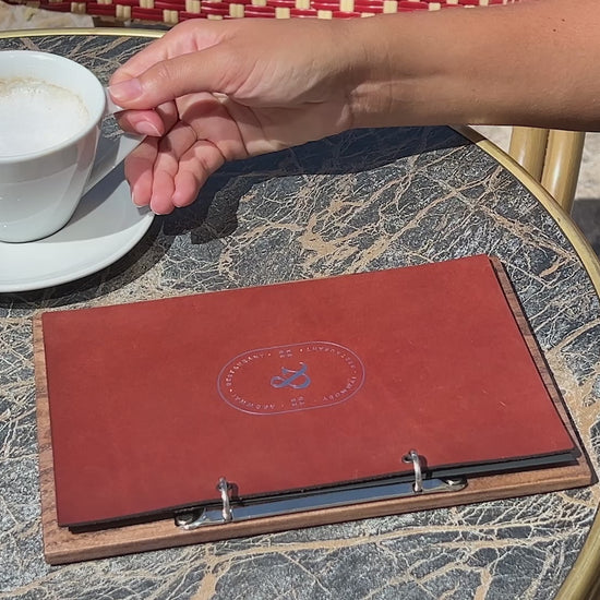 Walnut Menu Holder with Leather Cover and Rings Mechanism