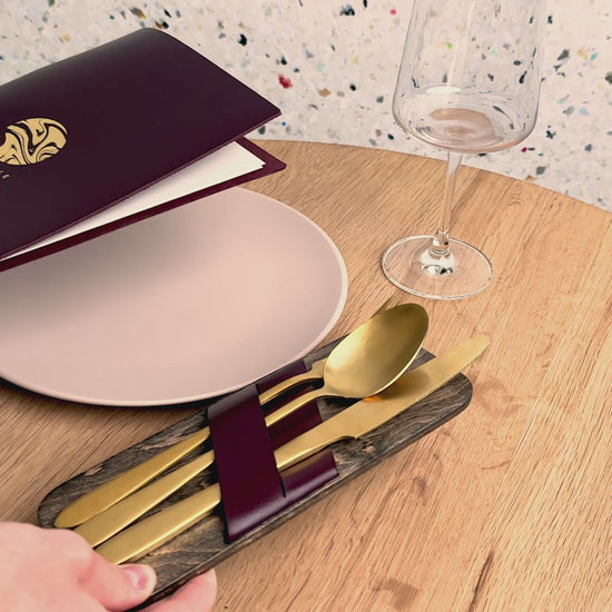 Wood Cutlery Holder With Leather Strap