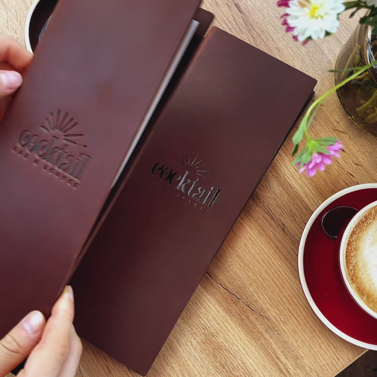 Brown Double Leather Menu Cover With Elastic Band