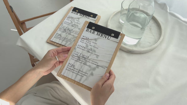 Stylish Wooden Menu Holder With Leather Binding