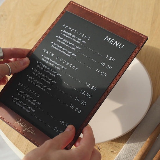 Brown Leather Menu Holder with Top & Bottom Pockets