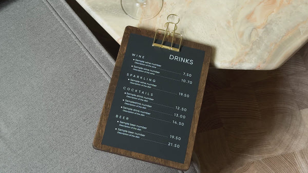 Walnut Menu Board With Golden Binder