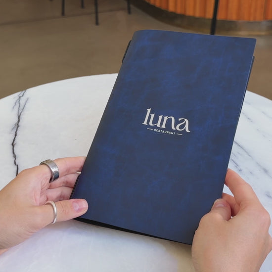 Blue Recycled Leather Menu Cover with Elastic Band