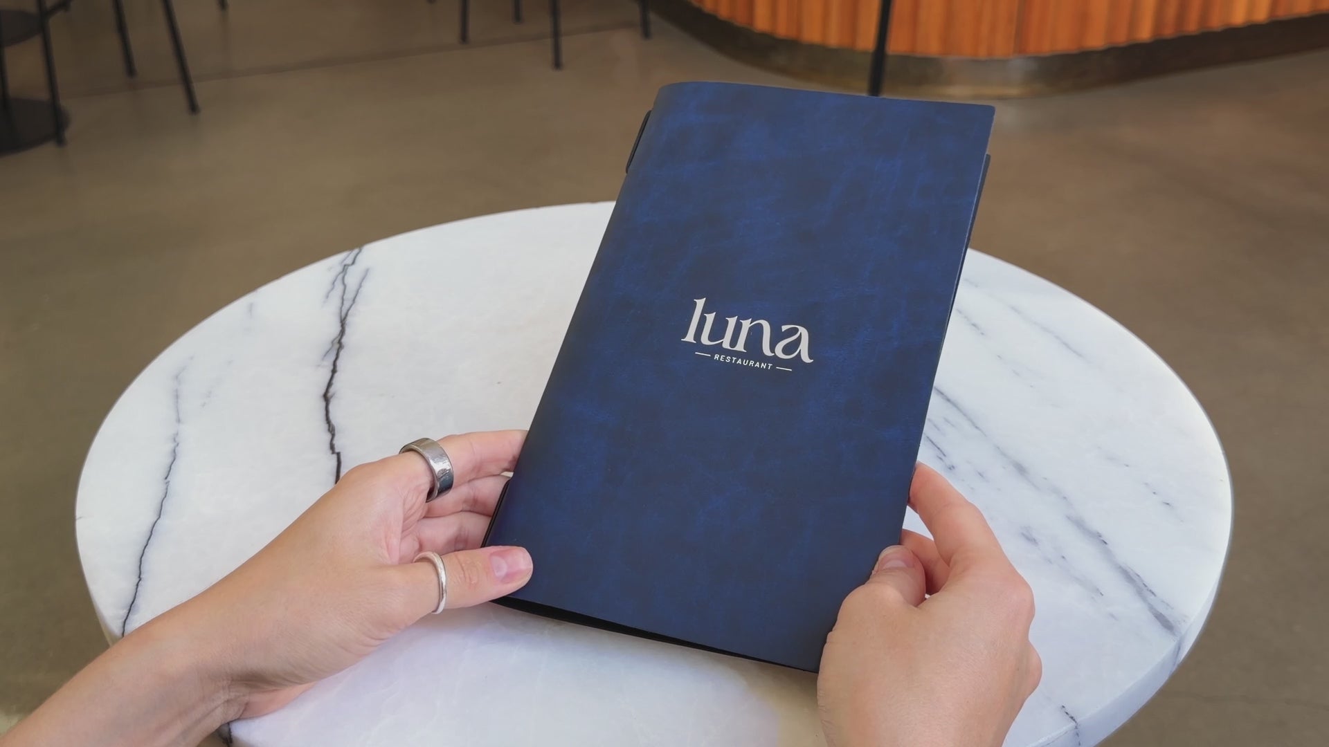 Blue Recycled Leather Menu Cover with Elastic Band